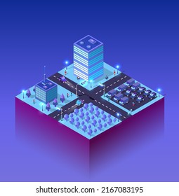 City future smart urban Isometric night lights architecture 3D illustration technology town street with a lot of building houses and skyscrapers, streets, trees