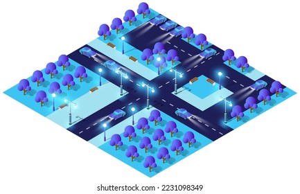 City future smart urban Isometric night lights architecture 3D illustration technology town street with a lot of building houses