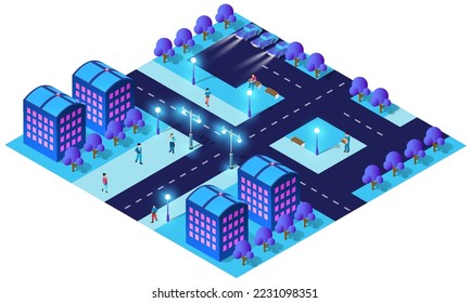 City future smart urban Isometric night lights architecture 3D illustration technology town street with a lot of building houses