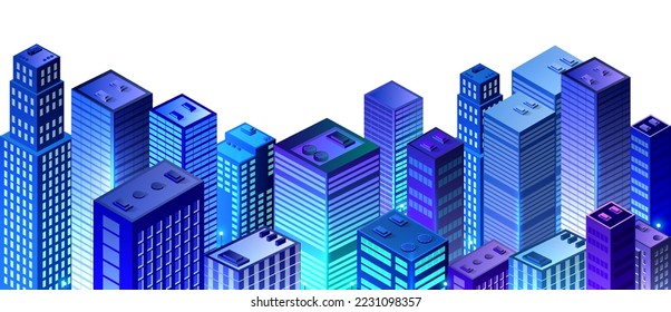 City future smart urban Isometric night lights architecture 3D illustration technology town street with a lot of building houses