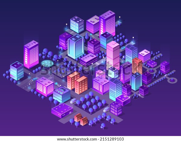 City future smart urban Isometric night lights\
architecture 3D illustration technology town street with a lot of\
building houses