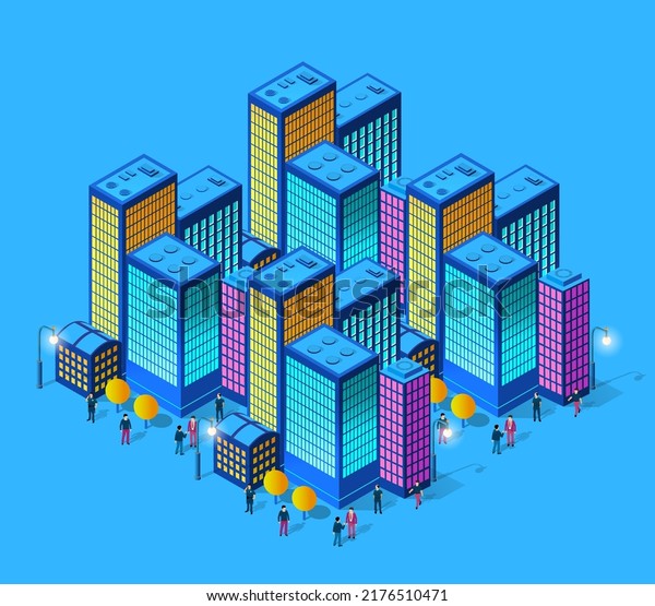 City future smart urban Isometric night lights
architecture 3D illustration technology town street with a lot of
building houses