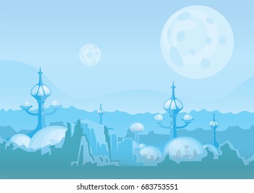 The city of the future, a space colony. Human settlement with futuristic buildings on Mars or another planet. Vector illustration.