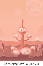 The city of the future, a space colony. Human settlement with futuristic buildings on Mars or another planet. Vector illustration.