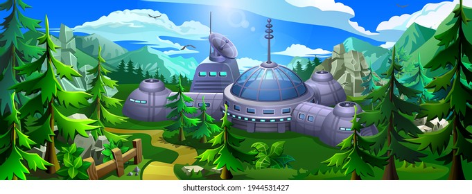 The city of the future under a dome, surrounded by mountains and coniferous forest. 