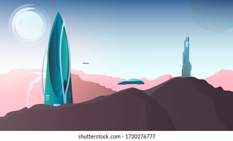 City of the future with unusual buildings. City on Mars. Flying transport. Fantasy. Vector.