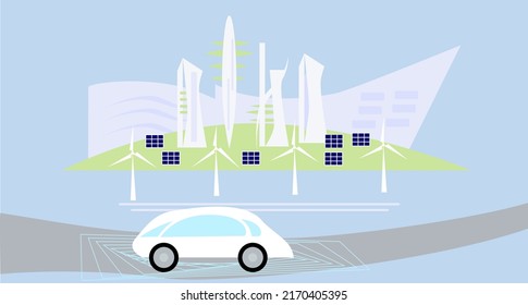 City of the future with wind turbines, solar panels, smart cars.