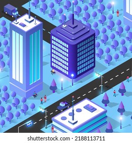 City Futuristic Neon Area Map Isometric night Lights 3D Illustrationsarchitektur Stadtstraße mit vielen Bauhäusern und Wolkenkratzern, Straßen, Bäumen