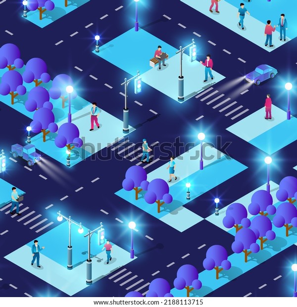 City Futuristic neon area map\
Isometric night lights 3D illustration architecture town street\
with a lot of building houses and skyscrapers, streets,\
trees