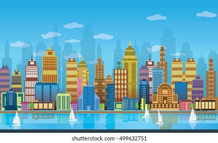 city game background 2d game application. Vector design. Tileable horizontally. Size 1024x512. Ready for parallax effect