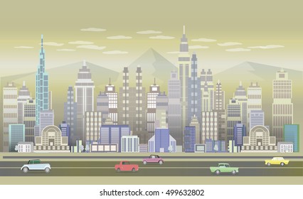 City Game Backgrounds with mountains and retro old cars ,2d game application. Vector Illustration for your application , project. 