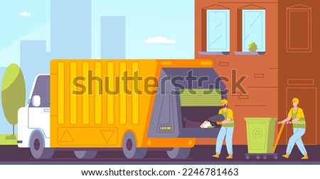 City garbage service. Municipal waste recycling management, scavenger carry packaging refuse from bin dumpster to trash truck, rubbish cleaning worker splendid vector illustration of waste garbage