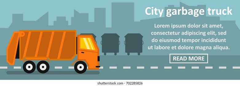 City garbage truck banner horizontal concept. Flat illustration of city garbage truck banner horizontal vector concept for web