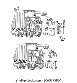 city garbage truck with hydraulic equipment and waste cans, cleaning company staff, vector illustration with black ink lines isolated on a white background in doodle and hand drawn style