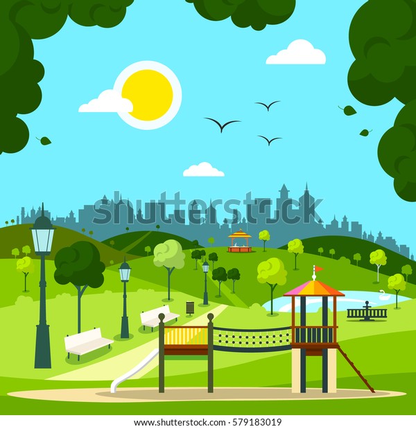 城市花园与儿童游乐场和城市剪影背景 阳光灿烂的日子在公园 库存矢量图 免版税