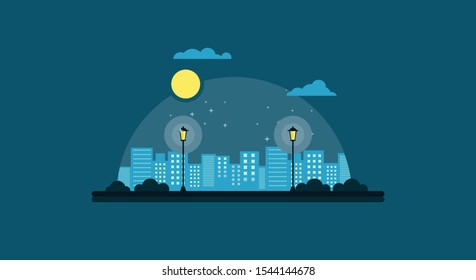 City garden at night illustration. Night city vector illustration. Dark urban scape. Night cityscape in flat style. Simple landscape of park at full moon night 