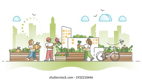 City gardening and agriculture farming in urban environment outline concept. Green lifestyle and plants harvest with modern skyscrapers in background vector illustration. Sustainable eco movement.