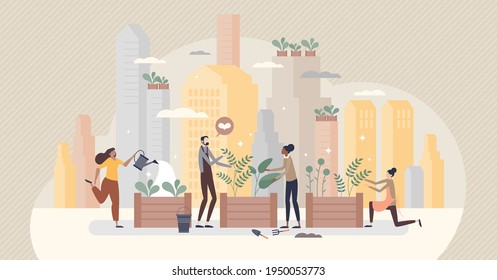 City gardening as plants agriculture ir urban environment tiny person concept. Ecological, organic and sustainable farming lifestyle in parks for fresh and green grocery production vector illustration