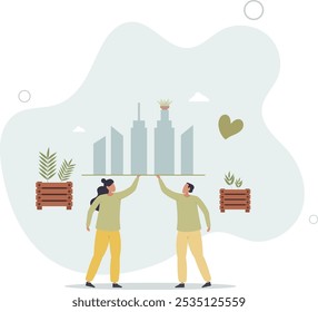 City gardening as plants agriculture ir urban environment.flat design with people.