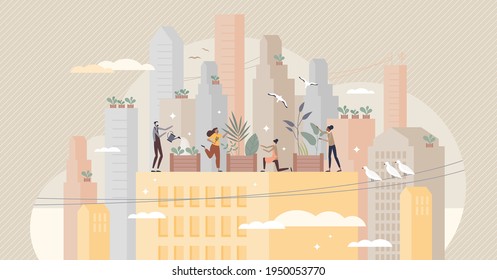 City gardening and plants agriculture on urban building rooftops tiny person concept. Ecological, green and environmental lifestyle with local grocery, greens and vegetables usage vector illustration.