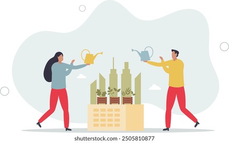 City gardening and plants agriculture on urban building rooftops.Ecological, green and environmental lifestyle.flat design with people.