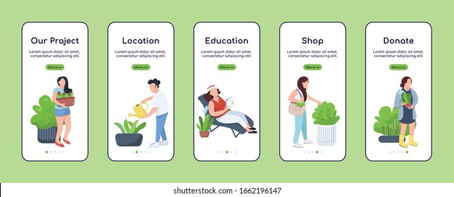 City gardening project onboarding mobile app screen flat vector template. Town greening. Walkthrough website steps with characters. UX, UI, GUI smartphone cartoon interface, case prints set