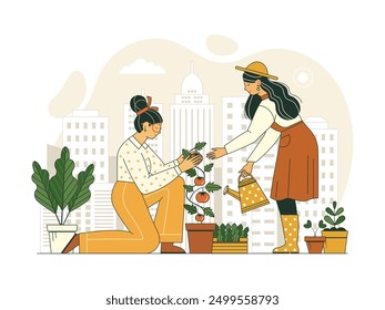 City gardening scene woman couple planting seeds together. Spring girls urban farming line art concept with young ladies growing veggies and green plants. Females working at garden together.