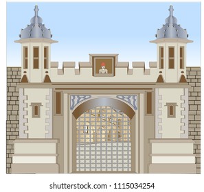 City gate to pass through walls with towers, balustrade, image of a prominent person, metal grille at the entrance and the first houses of the city.
