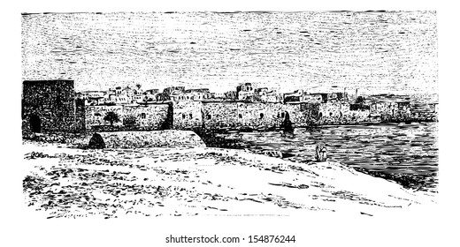 City Gate of Tyre, in Lebanon, vintage engraved illustration. Le Tour du Monde, Travel Journal, 1881