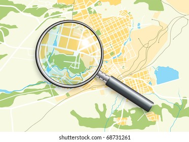 City Geo Map And Zoom Lens. Color Bright Decorative Background Vector Illustration EPS-10.