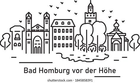 Ciudad de Alemania Bad Homburg y sus lugares de interés.
Ilustración en el estilo LineArt.