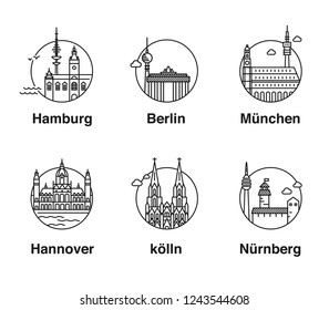 City in Germany. Simple landmark travel icons of german cities of Berlin, Hamburg, Munich, Hannover, Köln and  Nuermberg in line art style in a circle.