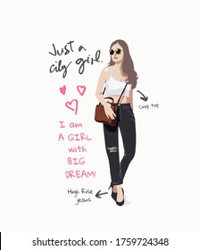 City girl slogan with cartoon girl in street.  Fashion style illustration