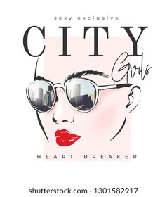 city girls slogan with girl in sunglasses illustration