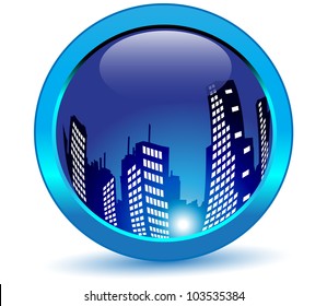city in glass blue button.Vector