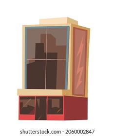 City glass building. Cartoon fun flat style. Isolated on white background. Supermarket, shop or business center office. Vector