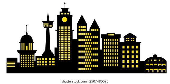 The city glows with yellow lights against the dark night backdrop, showcasing modern skyscraper architecture and illuminated office windows