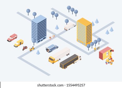 City goods delivery isometric illustration. 3d residential area with cargo vehicles, vans and scooters transporting boxes. Logistic company warehouse with parcels stack and trucks outdoors