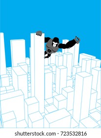 City and gorilla. Abstract Skyline and monster. Industrial landscape and big monkey. Vector illustration