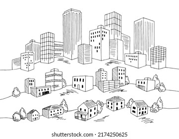 City graphic black white cityscape hill sketch illustration vector 