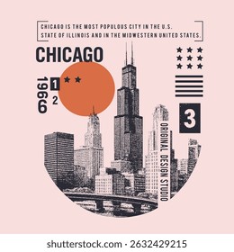 city graphics in vintage illustration. city t-shirt design in vector. Chicago vintage city print. city Illinois with lettering design. Vector and illustration. Chicago typography design