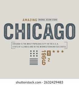 city graphics in vintage illustration. city t-shirt design in vector. Chicago city Illinois with lettering design. Vector and illustration. Chicago typography design. vintage city print