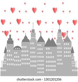 
A city with gray buildings and many pink hearts, vector images