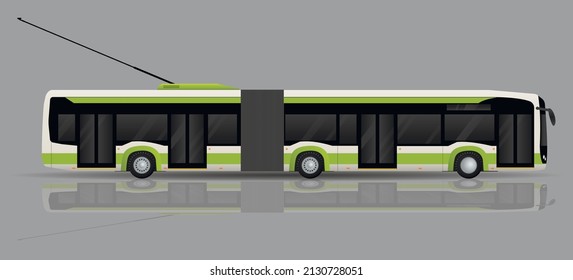 City green articulated trolleybus, side view. City public electric transport. Flat vector illustration.