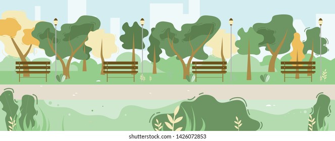 City Green Park Vegetation Cartoon Landscape. Trees, Bench on Road Street Side. Business City Center with Skyscrapers and Large Buildings Silhouettes on Backdrop. Flat Vector Panoramic Illustration