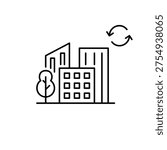 City with green trees and refresh arrows. Ecology, self-sustainable neighbourhoods. Pixel perfect, editable stroke vector icon