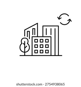 City with green trees and refresh arrows. Ecology, self-sustainable neighbourhoods. Pixel perfect, editable stroke vector icon