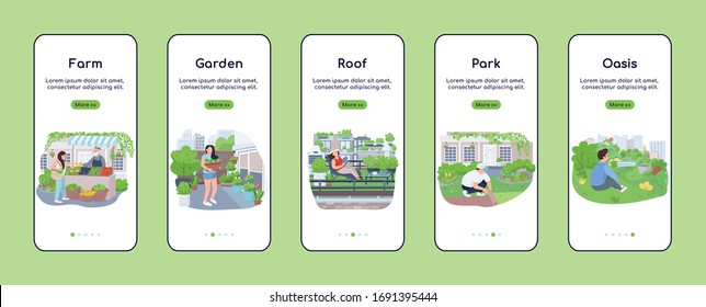 City green zones onboarding mobile app screen flat vector template. Urban agriculture. Walkthrough website steps with characters. UX, UI, GUI smartphone cartoon interface, case prints set