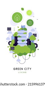 City greening. Eco-friendly lifestyle. Green urban landscape. Building  behind plants and trees. Modern flat illustration. Vector file.