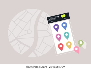 A city guide depicted as a sticker pack with colorful map pins